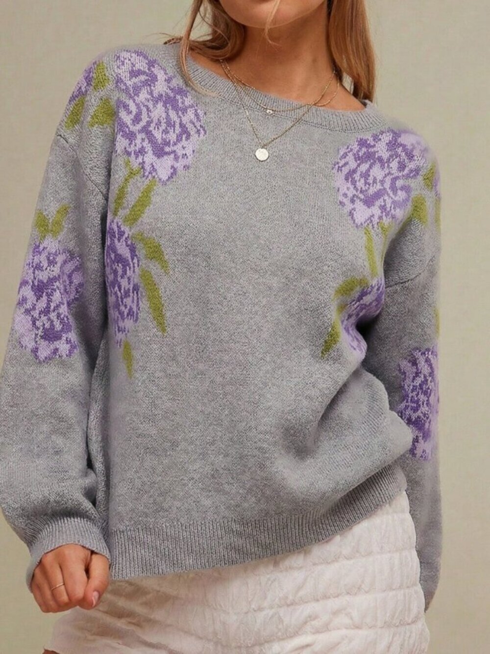 Grey Casual Women's Western Floral Jacquard Boatneck Long Sleeve Knit Sweater